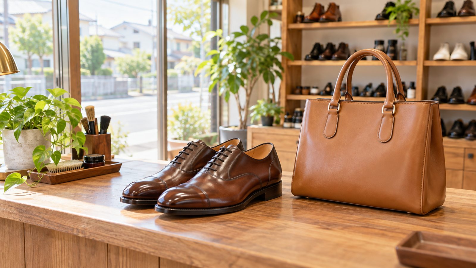 窓から日が差す店の木のカウンターに、磨き上げた茶色の革靴とキャメル色の革バッグが並ぶ様子(イメージ)